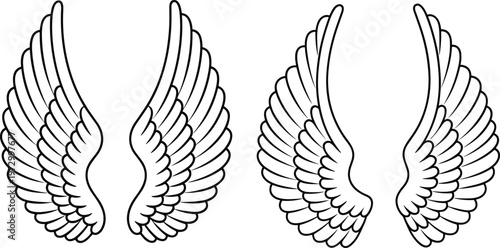 Angel wings outline set, detailed feather wings collection for tattoo logo and spiritual design
