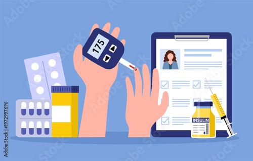 World Diabetes Day, Diabetes Awareness banner. Blood glucose test strip with medicines and patient document in flat design.