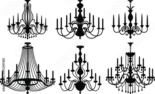 Chandelier silhouettes set, elegant luxury lighting fixtures collection for interior decor and classic design