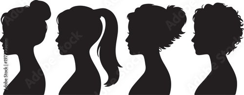 a sign of several female silhouettes in profile. vector on isolated background. turn. number. diversity young women for poster or text. elegant background as well.