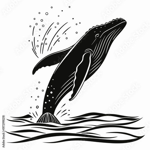 Vintage humpback whale breaching vector, nautical marine animal illustration, black sea mammal icon