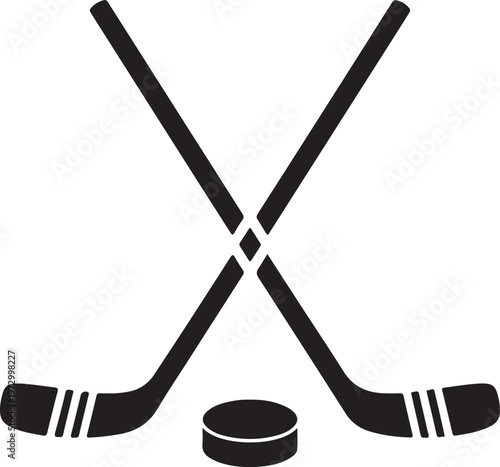 A vector illustration of two crossed hockey sticks and a puck