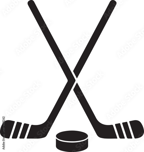 A vector illustration of two crossed hockey sticks and a puck