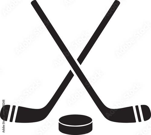 A vector illustration of two crossed hockey sticks and a puck