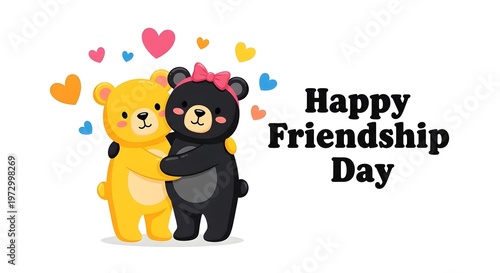 Happy friendship day greeting with cute teddy bears and hearts