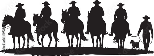 A vector silhouette three cowboys and one cowgirl riding horses and one cowboy is walking and leading a horse. There are also two cow dog silhouettes.