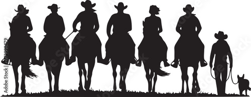 A vector silhouette three cowboys and one cowgirl riding horses and one cowboy is walking and leading a horse. There are also two cow dog silhouettes.
