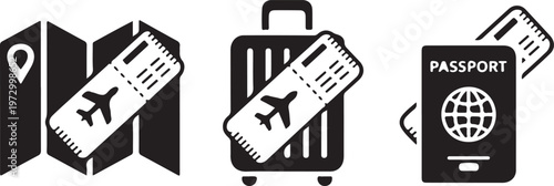 air travel flat icons. passport, luggage, map and flight ticket. vacation and journey symbols. isolated vector images for tourism design