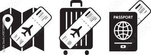 air travel flat icons. passport, luggage, map and flight ticket. vacation and journey symbols. isolated vector images for tourism design