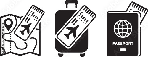 air travel flat icons. passport, luggage, map and flight ticket. vacation and journey symbols. isolated vector images for tourism design