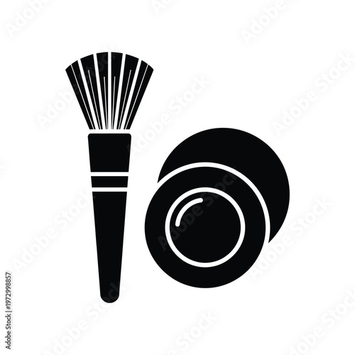 Minimalist black silhouette icon of a professional makeup brush and compact powder container for beauty and cosmetic branding