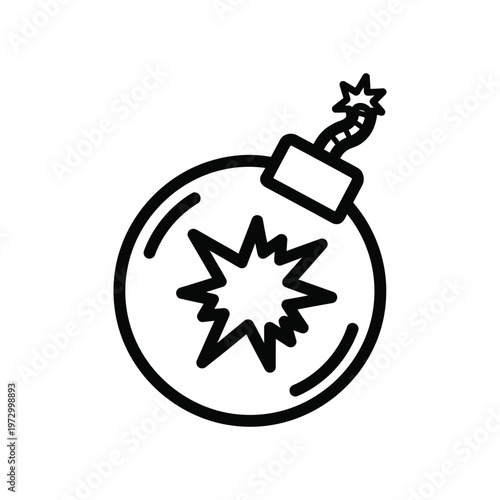 Minimalist black line art icon of a round bomb with a burning fuse and explosion symbol, ideal for gaming, security, or deadline concepts