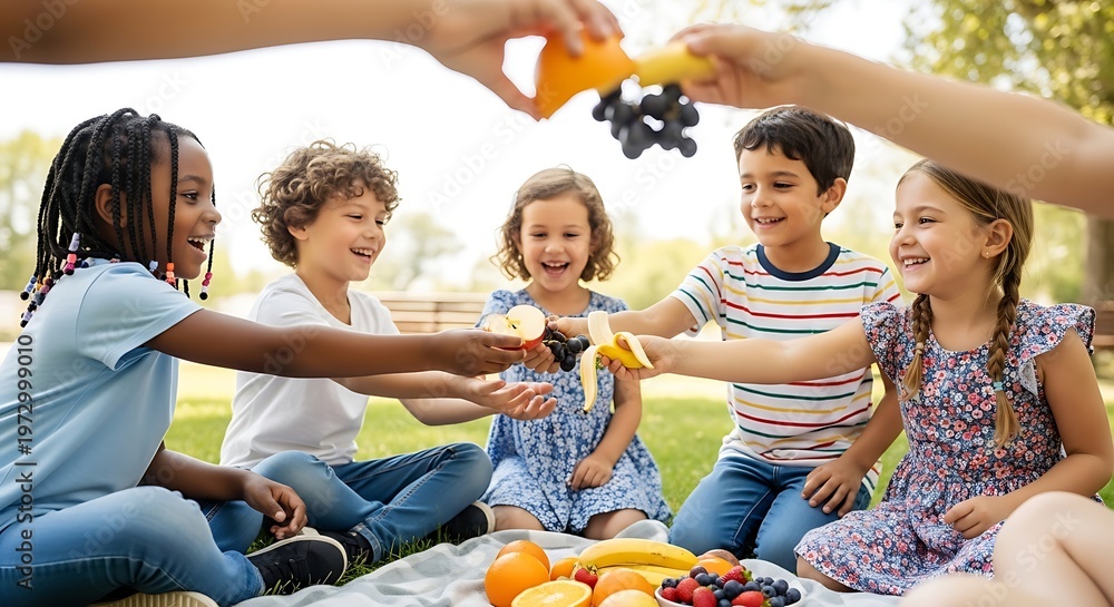 Fototapeta premium Happy diverse children sharing fruit during an outdoor picnic in a park.