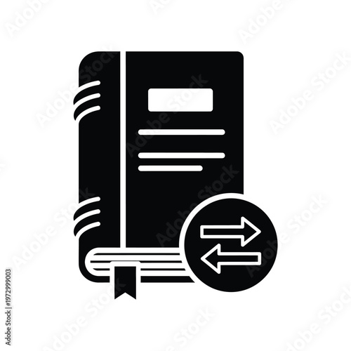 Professional black book icon featuring circular exchange arrows, ideal for representing language translation services, knowledge transfer, and technical manual updates in digital interfaces.