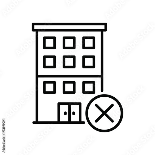 Minimalist line icon of a multi-story building with a cross mark symbol representing a rejected real estate application, closed office, or unavailable apartment rental.