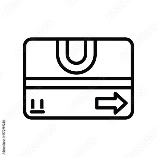 Minimalist black line icon of a credit card with magnetic stripe and arrow indicating payment transaction for banking and e-commerce design