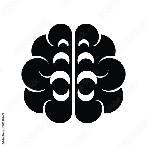 Symmetrical black human brain icon isolated on white background, symbolizing cognitive intelligence, mental health awareness, and psychological research for medical and educational design.