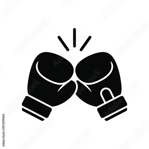 Minimalist black boxing gloves icon bumping together representing sportsmanship, competition, and the start of a professional match on a white background