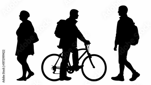 Silhouette of people commuting to work or school on foot and by bicycle in urban setting