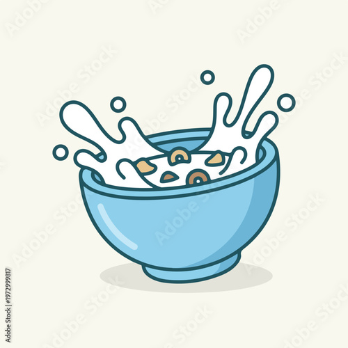 minimal milk splash around cereal bowl, simple rounded shapes, flat design, clean edges, breakfast concept.eps