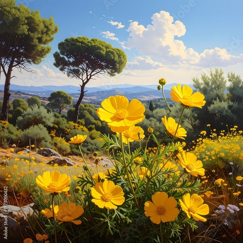 A sunny meadow with blooming yellow flowers and trees