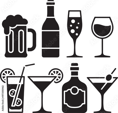 Alcohol drinks beverage icons set silhouette