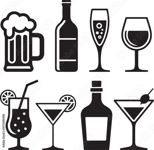Alcohol drinks beverage icons set silhouette