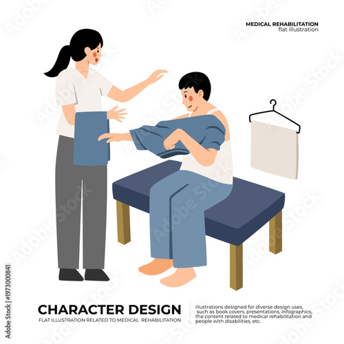 flat cartoon illustration occupational therapist teach stroke patient how to put on their shirt independently