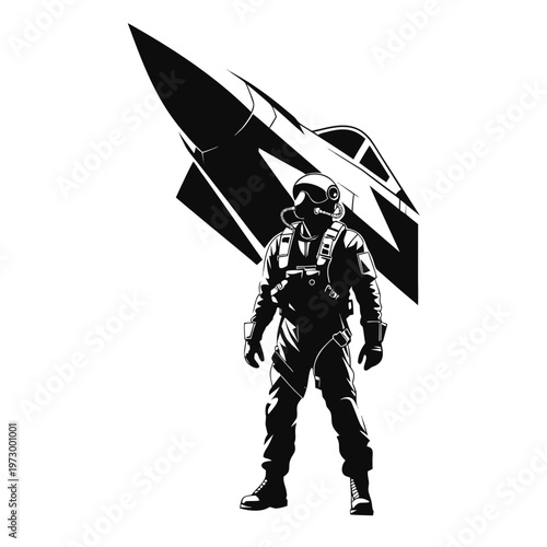 Jetpack man, astronaut, space suit, rocket pack, black silhouette, futuristic