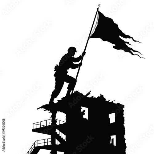 Victory, War, Soldier, Flag, Ruins, Black, Silhouette, Icon, Symbol, Graphic