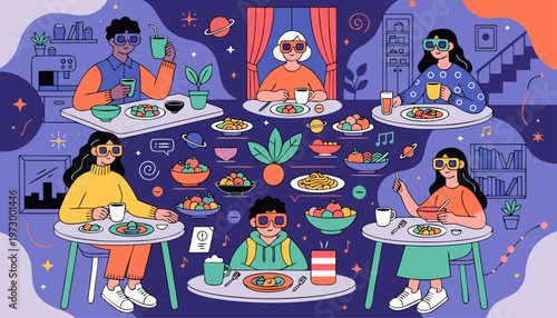 A vibrant illustration of people enjoying a meal together in a colorful and lively setting with food and drinks