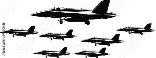 Collection of Tactical Military Fighter Jet Silhouettes Featuring Modern Stealth Aircraft and Supersonic Interceptors in Formation for Aviation and Defense Design Projects