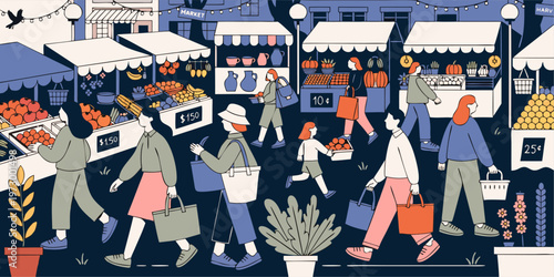 A vibrant illustration of people shopping at an outdoor market with various stalls and colorful produce