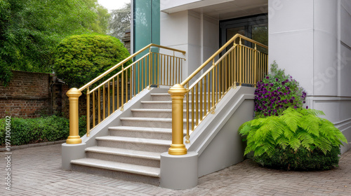 Stairs with gold railing leading to a building entrance in a well-kept garden during daylight