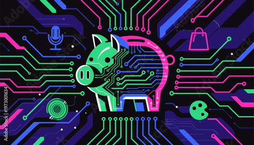A vibrant vector graphic illustration of a pig surrounded by circuit board lines and various digital icons.