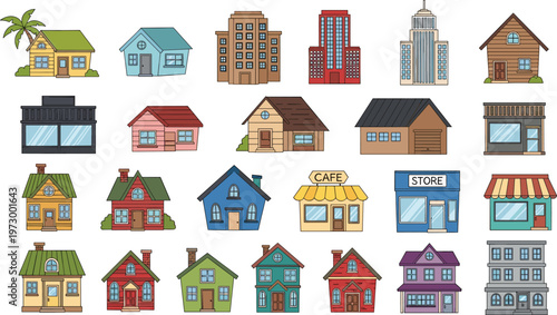Colorful hand drawn vector set of various residential houses suburban cottages modern office buildings city skyscrapers retail stores cafe and commercial shops
