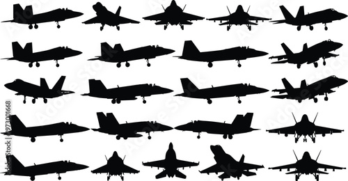 Comprehensive Collection of Military Fighter Jet Silhouettes Featuring Modern Stealth Aircraft Supersonic Interceptors and Tactical Combat Planes in Various Flight and Landing Positions