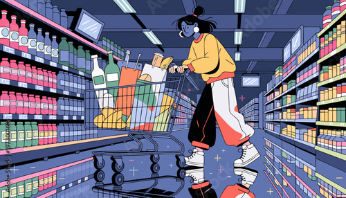A vibrant illustration of a woman shopping with a cart in a modern supermarket aisle filled with colorful products
