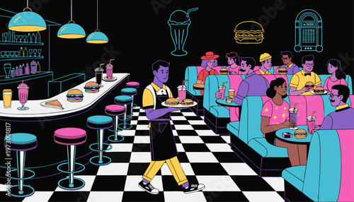 A vibrant illustration of a bustling diner with patrons and a waiter in a retro setting.