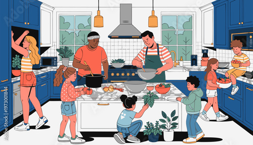 A vibrant illustration of a diverse family cooking together in a modern kitchen with blue cabinets and a large island.