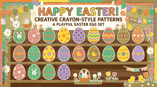 A colorful and playful Easter-themed vector graphic featuring a variety of crayon-style patterned Easter eggs displayed on wooden shelves with bunnies and chicks