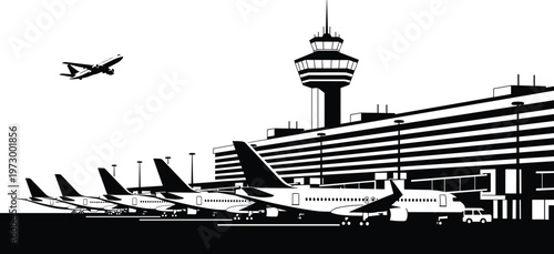 Detailed airport terminal illustration featuring passenger airplanes parked at gates, a control tower, and a plane taking off for aviation and travel themes.