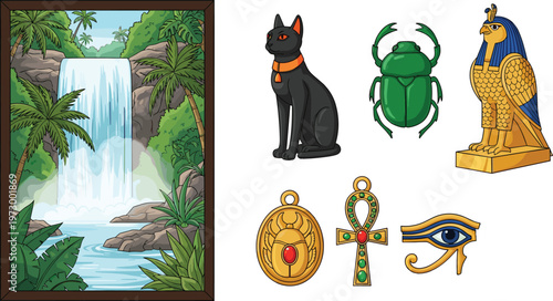 Ancient Egyptian Symbols and Nature Illustration Collection Featuring Ankh Eye Scarab Cat Sphinx Statue and Tropical Waterfall Landscape Elements