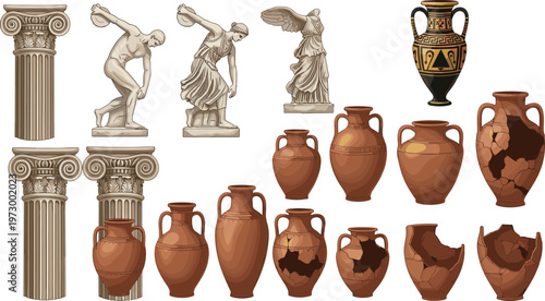 Ancient Greek and Roman Artifacts Collection Featuring Marble Statues Ionic Columns and Ceramic Amphora Vases for Classical History and Museum Illustration Design