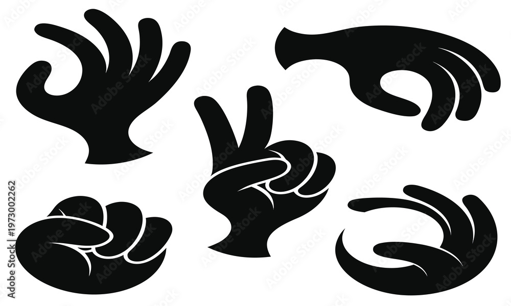 Fototapeta premium A collection of five black silhouette hands are displayed each making a different gesture conveying various expressive human motions high quality professional detailed modern elegant stylish