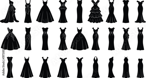 Large Set of Elegant Evening Gown Silhouettes Featuring Various Wedding Dress Styles Prom Outfits and Fashionable Cocktail Apparel for Design and Illustration Projects