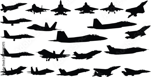 Mega Collection of Military and Aviation Silhouettes Featuring Fighter Jets Attack Helicopters Naval Battleships Main Battle Tanks and Modern Commercial Airliner Aircraft
