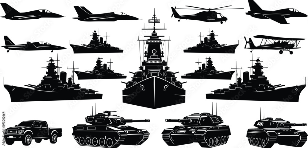 Obraz premium Military vehicle vector silhouettes set featuring navy battleships armored tanks jet fighters helicopters and pickup truck for army war and combat design