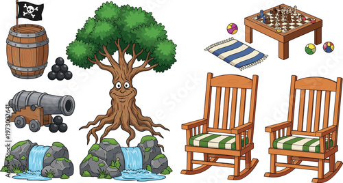 Cartoon Outdoor and Adventure Objects Collection Featuring Pirate Barrel Cannon Tree Character Waterfall Chess Table and Wooden Rocking Chairs Illustration Set