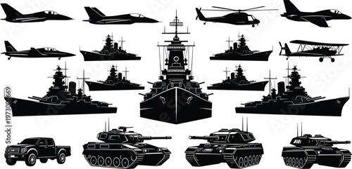 Military vehicle vector silhouettes set featuring navy battleships armored tanks jet fighters helicopters and pickup truck for army war and combat design